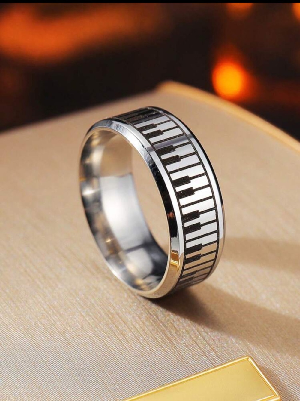 Silver Stainless Steel Piano Keyboard Pattern Stainless Steel Ring - Unisex